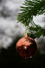 Weihnachtsbaum Kugel an Tannenbaum draußen am Nikolaus Advent