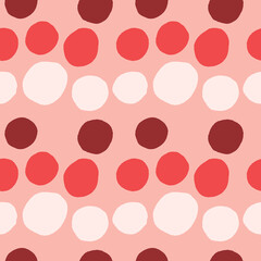 Red and pink polka dots seamless vector pattern. Hand drawn big and small circles. Scattered spots, points, round shapes in various sizes. Colorful retro background. Decorative repetitive design tiles - 472848365