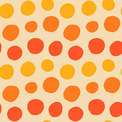 Colorful polka dots, hand drawn spots seamless vector pattern. Scattered big and small circles, points in various sizes. Retro background in red, orange, yellow. Decorative repetitive design tiles.  - 472848386