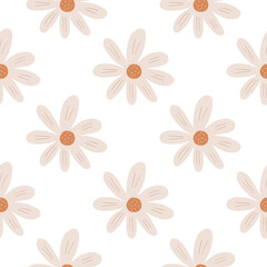 Fototapeta na wymiar Geometric ditsy flowers seamless pattern isolated on white background. Pretty botanical backdrop. Simple chamomile print.