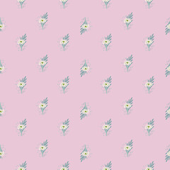 Fototapeta na wymiar Seamless pattern with bouquets of small flowers on pink background. Vector floral template in doodle style. Gentle summer botanical texture.
