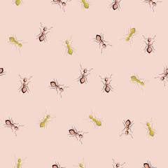 Seamless pattern colony ants on pastel pink background. Vector insects template in flat style for any purpose. Modern animals texture.