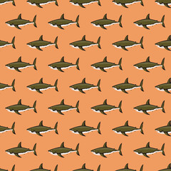 Seamless pattern shark on orange background. Texture of marine fish for any purpose.