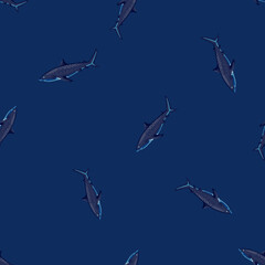 Seamless pattern Tiger shark dark blue background. Gray texture of marine fish for any purpose.