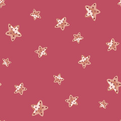 Seamless pattern sea star on dark pink background. Marine starfish templates for fabric.