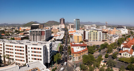 Panorama of condos and businesses in downtown Tucson, Arizona, aerial