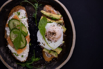 Delicious healthy diet sandwiches on a clay plate