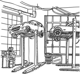 Car repair service centre. Sketchy vector hand-drawn illustration.