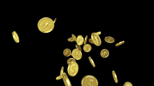 Fountain of gold coins with dollar sign on transparent background. 3D Animation ProRes 4444. Use it in presentation, trailers, personal videos.