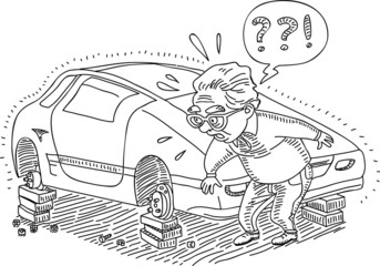 Car with without wheels with man. Sketchy vector illustration.