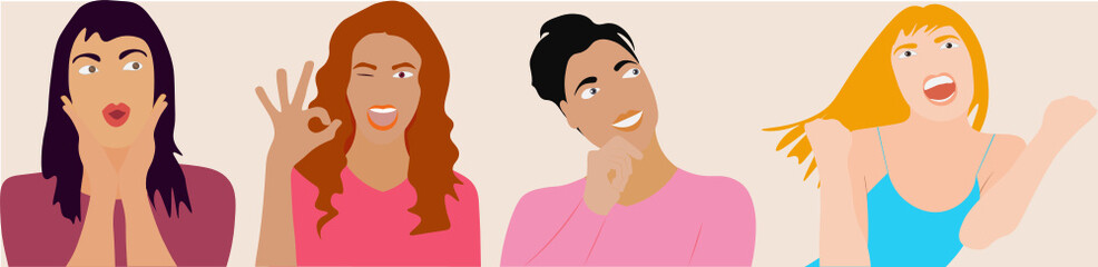 Rostros de mujeres diferentes. Gestos. Sorpresa, guiñar, ok, pensando, exclamación. Fondo rosa