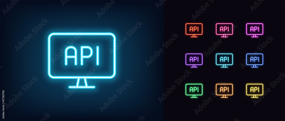 Poster outline neon api icon. glowing neon computer with api sign, development interface pictogram