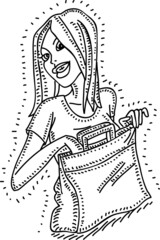A woman opens a shopping bag. Sketchy vector hand-drawn illustration.