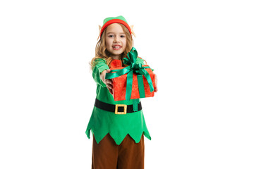 Portrait of happy little girl dressed like funny gnome or elf holding red gift box isolated over white studio background.