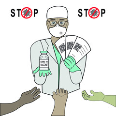 Doctor with large bottle of COVID-19 vaccine and coronavirus vaccination certificates is going to give it to all people.