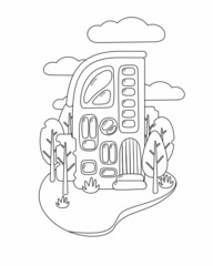 Coloring book of flat art nouveau house. House with unusual windows. Landscape with trees and clouds. Coloring book for school children with easy educational game level. EPS 10
