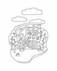 Coloring book of flat art nouveau house. House with unusual windows. Landscape with trees and clouds. Coloring book for school children with easy educational game level. EPS 10