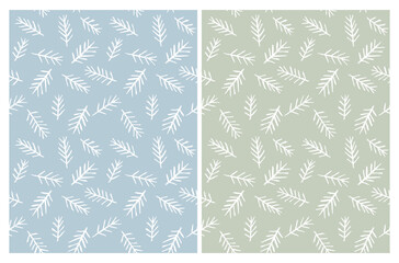 Funny Abstract Winter Holidays Seamless Vector Pattern. Simple Irregular Print with White Hand Drawn Christmas Tree Twigs isolated on a Pastel Blue and Light Green Background. 