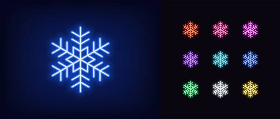 Outline neon snowflake icon. Glowing neon snowflake sign, snow pictogram in vivid colors © Дмитрий Майер