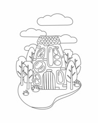 Coloring book of flat art nouveau house. House with unusual windows. Landscape with trees and clouds. Coloring book for school children with easy educational game level. EPS 10