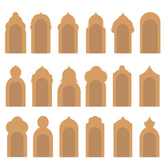 Arabic yellow buildings set of vector icons. Eastern architecture. Arches. Doors. Window