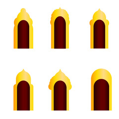 Arab gold buildings set of vector icons. Eastern architecture. Arches. Doors. Window