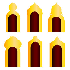 Arab gold buildings set of vector icons. Eastern architecture. Arches. Doors. Window
