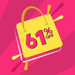 61 percent discount. Pink banner with floating bag for promotions and offers