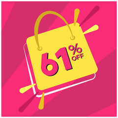 61 percent discount. Pink banner with floating bag for promotions and offers