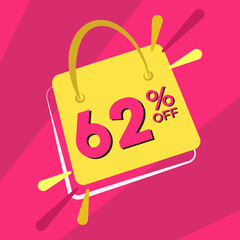 62 percent discount. Pink banner with floating bag for promotions and offers