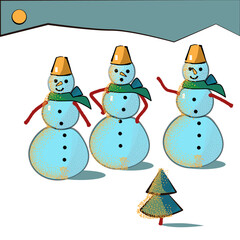 New Year card. Three snowmen on a winter night near a small festive Christmas tree. Children's illustration.