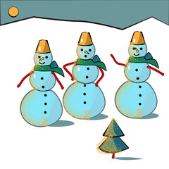 New Year card. Three snowmen on a winter night near a small festive Christmas tree. Children's illustration.