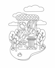 Coloring book of flat art nouveau house. House with unusual windows. Landscape with trees and clouds. Coloring book for school children with easy educational game level. EPS 10