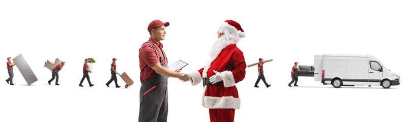 Santa claus shaking hads with a worker from a removal company with a van