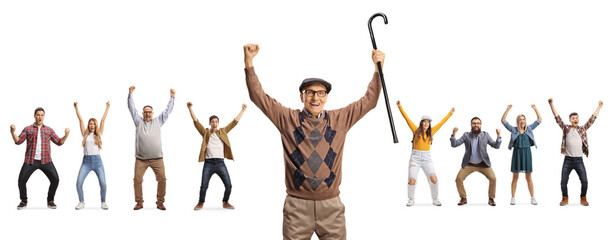 Elderly man with a cane gesturing happiness and other people behind raising arms