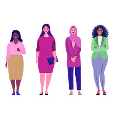 Obraz na płótnie Canvas Business women collection. Vector illustration of diverse multinational standing cartoon women in office outfits. Isolated on white.