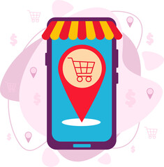 A phone icon with a shopping cart. Phone, online store. A shopping cart. The store's geolocation point.
