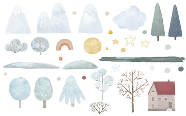 schattige landschapselementen, huis, bomen, bergen, sneeuw, kinderillustratie, stickers, prints