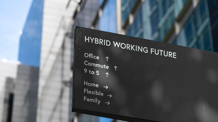 Hybrid Working Future choices on a black city-center sign in front of a modern office building	
