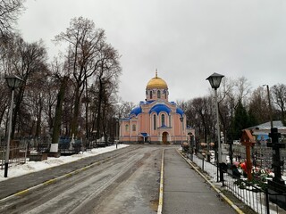 Pink Temple of the Russian Orthodox Church with a golden dome in a cemetery in November against a gray sky