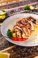 Colorful Food Appetizer Starts Snacks Fresh Delicious Menu Recipe Meal Meat Chicken Fries Fish Seafood Beer on a wooden table on the Beach