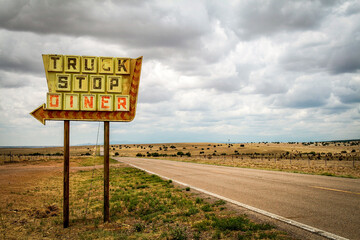 Galisteo, New Mexico, USA. Truck stop sign