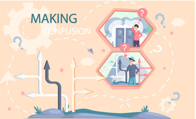 Making confusion. Doubts person surrounded by question marks. Questions dilemma situations. Asking questions. Confused people. Making choice. Being confused. Thinking or make decision. Solving problem