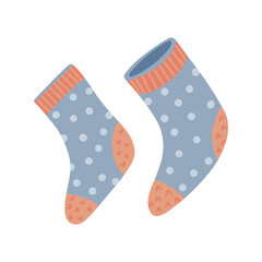 Two autumn warm socks . Pair of cute comfortable handmade winter apparel. Hand drawn cozy seasonal wear. Isolated clipart element. Vector flat Illustration. Only 5 colors - Easy to recolor.