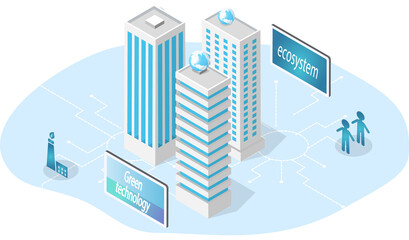 Innovative green technology, green eco smart system for environmental sustainability. Construction of modern industrial buildings, urban cityscape. Skyscrapers, models of tall buildings in new city