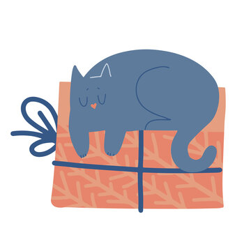 recommend clip art: Cute cat sleeping on gift box. Kitten luing on Christmas presents. New Year, Xmas greeting card, banner clipart. Freehand isolated element. Vector flat Illustration. Only 5 colors - Easy to recolor.