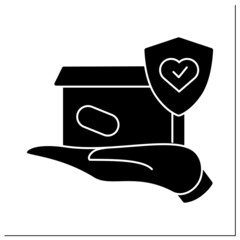 Package delivery glyph icon. Postal box handed on a palm, with stop covid molecule. Safe, fast courier service and express post delivery.Filled flat sign. Isolated silhouette vector illustration