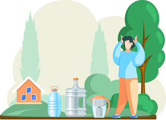 Drinking water in plastic bottles, large water flask and household water filter outdoor in garden. Man stands in clearing near containers with purified filtered drinking water for healthy lifestyle