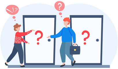 Young schoolboy lost way stands in school hallway and does not know which door to enter, asks teacher for way to class. Confused boy standing near door with question mark, asks woman for an answer