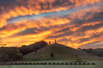 The Black Viking statue under brilliant sunrise skies in Fort Ransom, North Dakota, USA